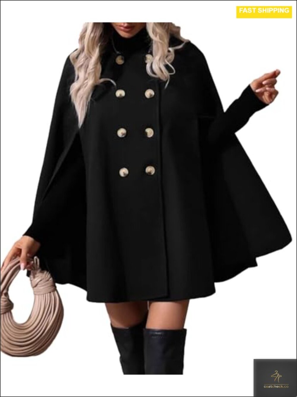 Wool Blend Cape Coat Double Breasted Notched Lapel Slit Sleeve Flowy